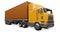 A large retro orange truck with a sleeping part and an aerodynamic extension carries a trailer with a sea container. 3d