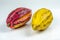 Large ripe cacao pods on white background