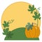 A large ripe orange pumpkin lies on the grass, a round frame with an empty space, copy space, vector cartoon