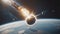 Large rock or asteroid passes through the atmosphere of planet Earth and pieces hit the Earth\'s surface
