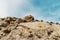 Large rock formations and boulders under a blue sky with clouds