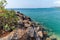 Large rocks acting as a sea defence. Rocky beach