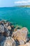 Large rocks acting as a sea defence. Rocky beach