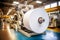 Large rolls of thermal paper produced in a mill factory, manufacturer with industrial slitting machine
