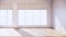 Large room, wide open Clean white wall and wood grain floor with sun light into the room.3D rendering