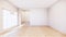 Large room, wide open Clean white wall and wood grain floor with sun light into the room.3D rendering