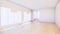 Large room, wide open Clean white wall and wood grain floor with sun light into the room.3D rendering