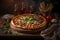 Large round Italian diet pizza on the festive wooden table. Close-up of crispy meal in a restaurant. Atmospheric moody lighting.