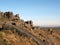 large rugged gritstone outcrop at the bridestones a large rock formation in west yorkshire near todmordenwith blue sky and