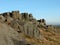 large rugged gritstone outcrop at the bridestones a large rock formation in west yorkshire near todmordenwith blue sky and