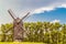 Large Russian wooden windmill on a background of green trees