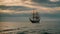 a large sailboat gliding across the horizon, showcasing both the immense vessel and the endless expanse of water, An old sail ship