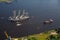 A large sailboat goes along the water area of the Daugava River.nThe last windjammer bark Kruzenstern.