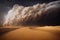 Large sand storm formed from grey dramatic cloud over desert dune natural disaster. Giant cloud of dry sand flying with