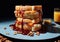 Large sandwich with creamy peanut butter and jam on blue plate.Macro.AI Generative