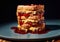 Large sandwich with creamy peanut butter and jam on blue plate.Macro.AI Generative