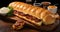 A large sandwich with meat and cheese on a cutting board. Generative AI image.