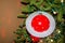 Large Saturn Christmas Ornament on artificial tree with red and white lights and strange otherworldly reflections on walls