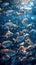 A large school of tropical fish swim in a blue ocean