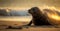 Large seal laying on the beach at sunset. Generative AI