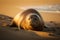 Large seal laying on the beach at sunset. Generative AI