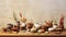 a large selection of Chinese herbal medicine arranged in wooden bowls, set against a textured papyrus background.