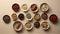 a large selection of Chinese herbal medicine arranged in wooden bowls, set against a textured papyrus background.