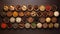 a large selection of Chinese herbal medicine arranged in wooden bowls, set against a textured papyrus background.