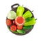 A large selection of vegetables and a Glass of freshly squeezed vegetable juice on a round tray on a white background.