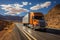 A large semi truck driving down a desert road during the day