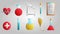 Large set of 10 medical scientific medical medical items icons with flasks of hearts, microscopes and droppers with documents on a