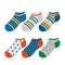 A large set of colored socks with various patterns and ornaments. children`s socks in a cartoon style