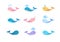 A large set of colorful cute whales. A small cheerful whale, a blue and pink narwhal.