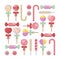 A large set consisting of colorful candies and lollipops. Candy drops. Juicy lollipops on a stick of different shapes