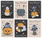 A large set of cute fun Halloween cards. Ready-made design of scary characters. Pumpkins, black cat, spider and ghost