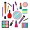 Large set of different cosmetic accessories lipstick eyeshadow mirror mascara eyeliner and stuff.