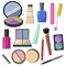 Large set of different cosmetic accessories lipstick eyeshadow mirror mascara eyeliner and stuff.