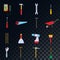 A large set of icons for construction, plumbing, garden, repair, tools on a translucent background: shovel, saw, hammer, brush,