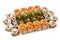 a large set of rolls and maki with salmon, tuna, mango and avocado on a white background for a restaurant menu, studio shooting 1