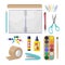 a large set of school stationery, such as a ruler, pen, pencil, notebook, scissors, paper clips, as well as tape, glue