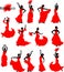 Large set of silhouettes of flamenco dancers in red dresses