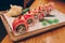 Large set of Sushi Rolls Warm Ebi Sake Unagi Spring. Assortment Philadelphia roll Dishes from Japanese raw fish in one plate in