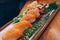 Large set of Sushi Rolls Warm Ebi Sake Unagi Spring. A lot assortment Philadelphia roll Dishes from Japanese raw fish  in one