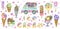 A large set with various ice cream, car and sweet letters. Watercolor illustration. For design, decoration and