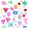 A large set of watercolor elements for Valentine`s Day or wedding day. Flowers, arrow, envelope, balloon, heart, cup and other