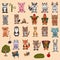 Large set of wild and domestic animals colored in the style of childrens scribbles for design and design background is isolated