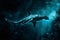 A large shark gracefully moves through the deep blue ocean, showing its strength and power, A surreal scene showcasing a
