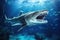 Large Shark With Its Mouth Open in the Water, A Fierce Predator in Action, School of Barracuda swimming in the Red Sea, Egypt,