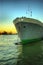 Large ship head on shot at sunset