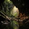 Large sinkhole of an underground cave in limestone rock covered with greenery